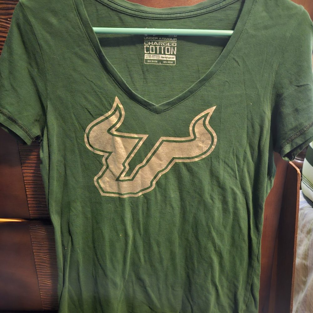 Under Armour Forest Green V-Neck Tee with Logo USF BULLS